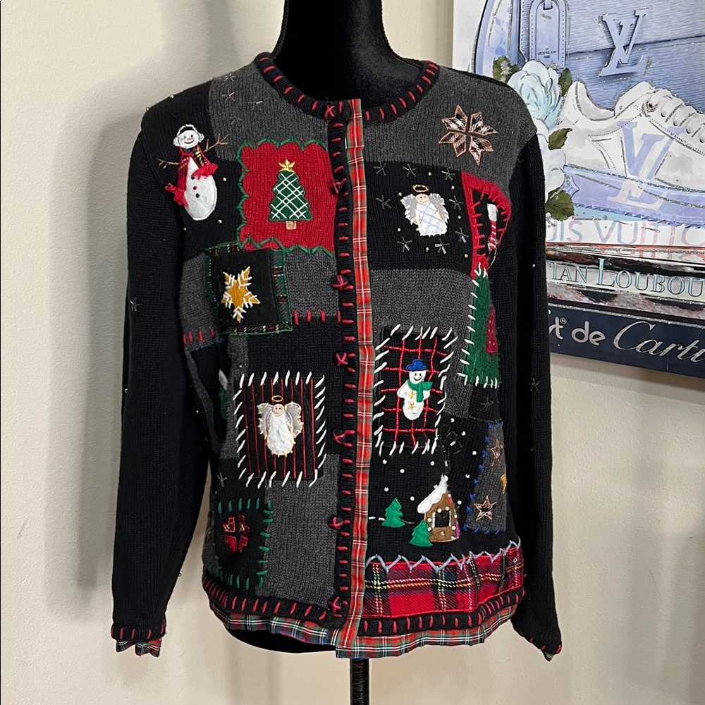 Designers Originals Holiday Patchwork Embellished Embroidered Cardigan | Size Lg
